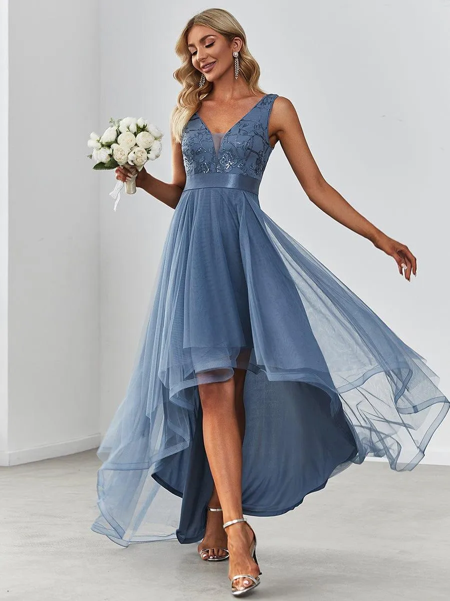 Fashion High-Low Deep V Neck Tulle Evening Dresses with Sequin Appliques