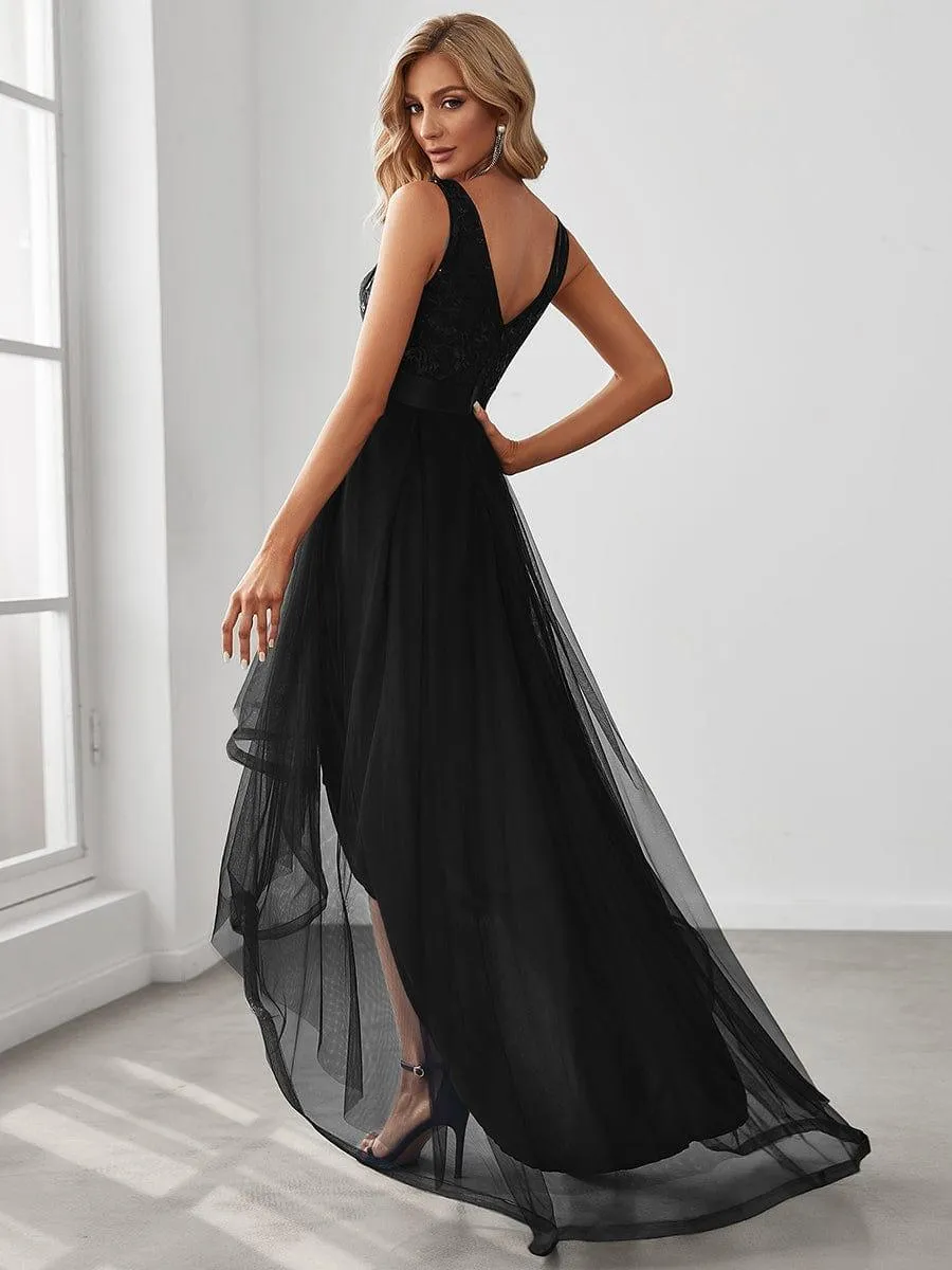 Fashion High-Low Deep V Neck Tulle Evening Dresses with Sequin Appliques