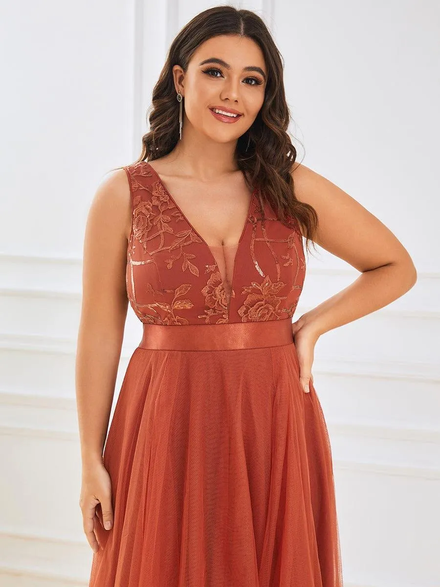 Fashion High-Low Deep V Neck Tulle Evening Dresses with Sequin Appliques