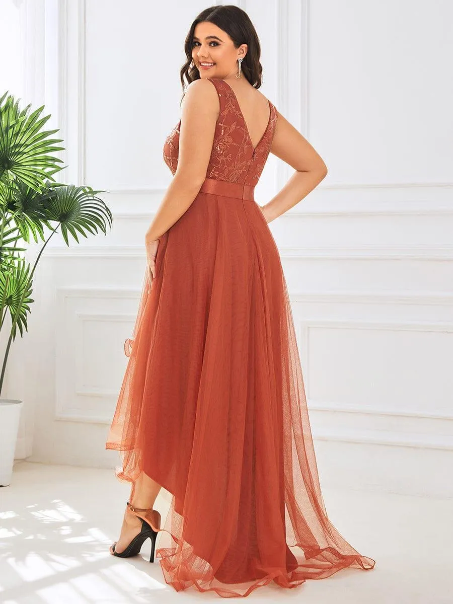 Fashion High-Low Deep V Neck Tulle Evening Dresses with Sequin Appliques