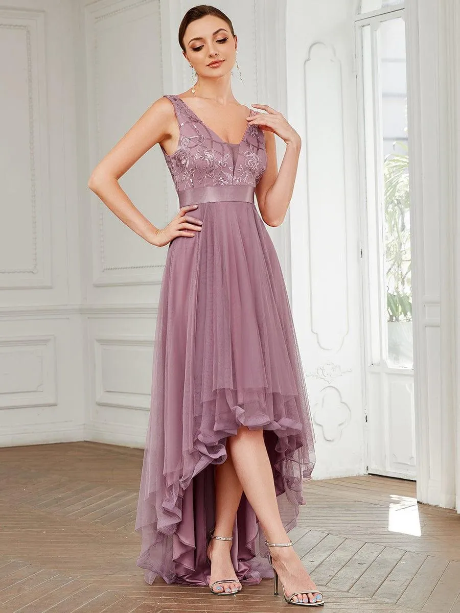 Fashion High-Low Deep V Neck Tulle Evening Dresses with Sequin Appliques