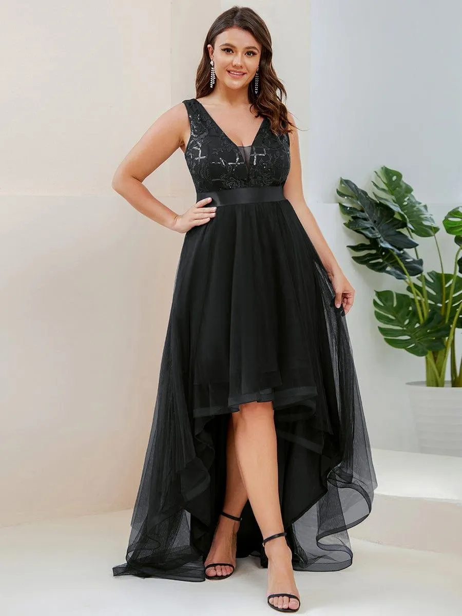 Fashion High-Low Deep V Neck Tulle Evening Dresses with Sequin Appliques