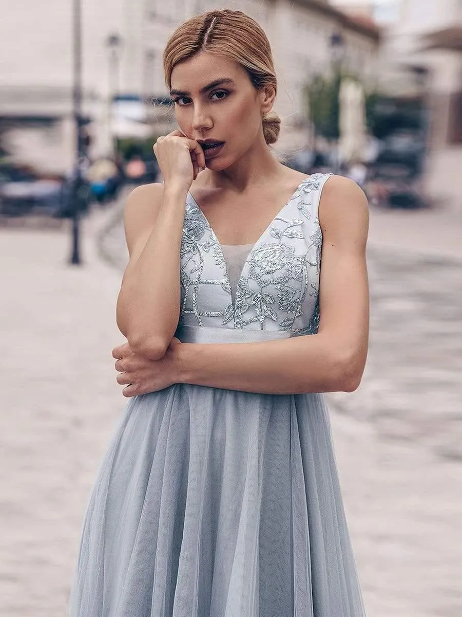 Fashion High-Low Deep V Neck Tulle Evening Dresses with Sequin Appliques