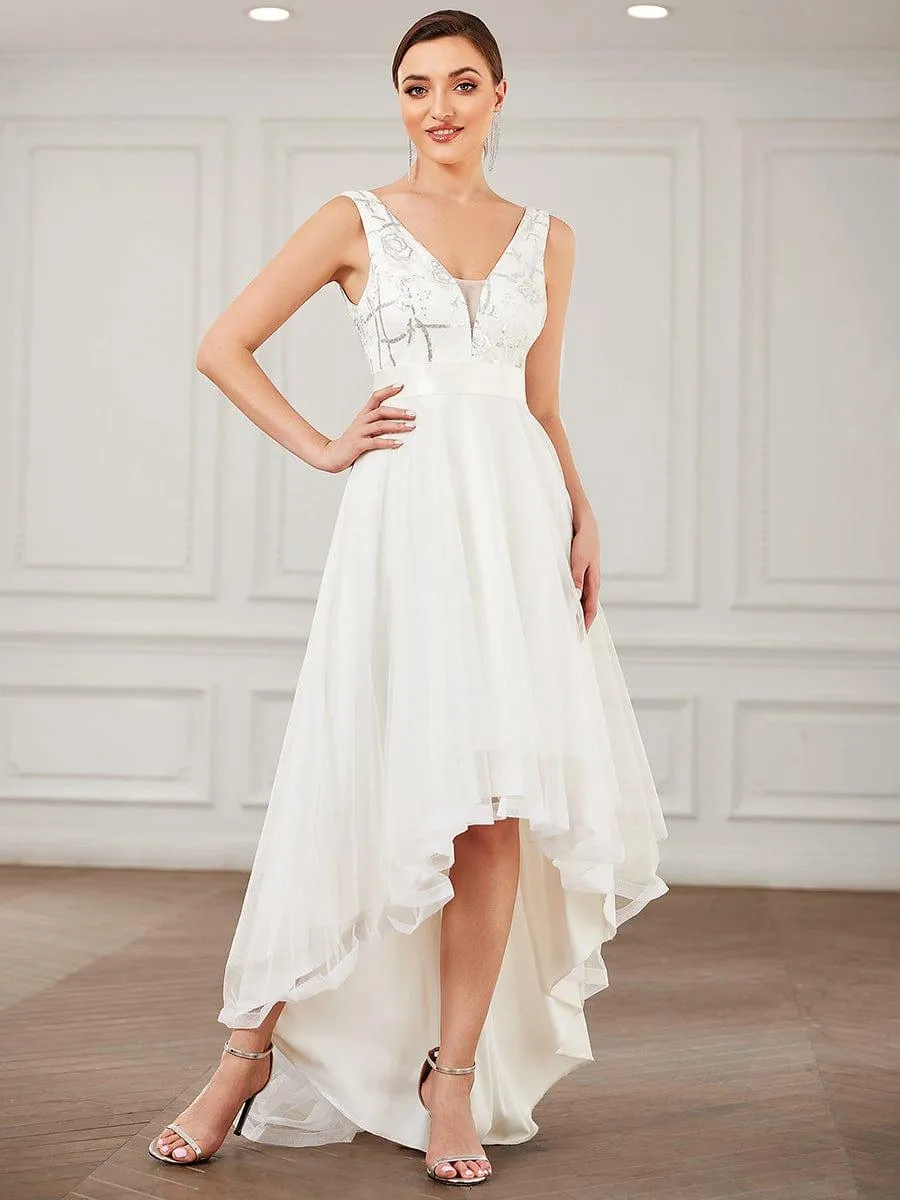 Fashion High-Low Deep V Neck Tulle Evening Dresses with Sequin Appliques