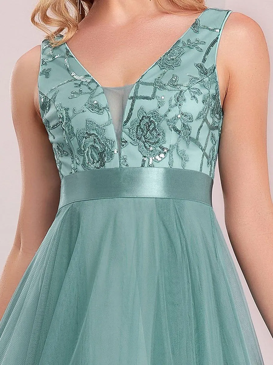 Fashion High-Low Deep V Neck Tulle Evening Dresses with Sequin Appliques