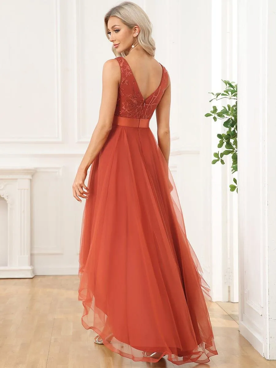 Fashion High-Low Deep V Neck Tulle Evening Dresses with Sequin Appliques