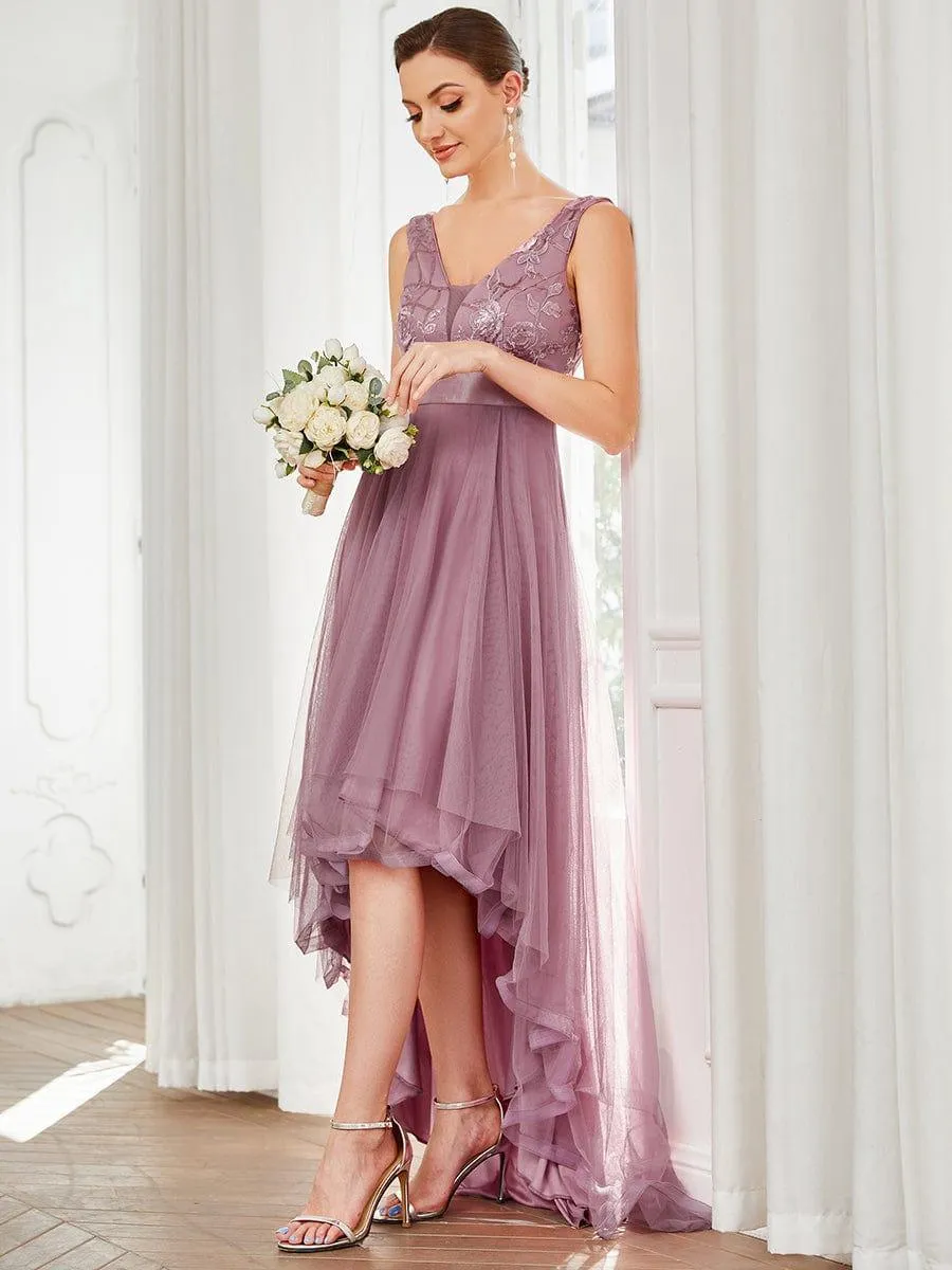 Fashion High-Low Deep V Neck Tulle Evening Dresses with Sequin Appliques