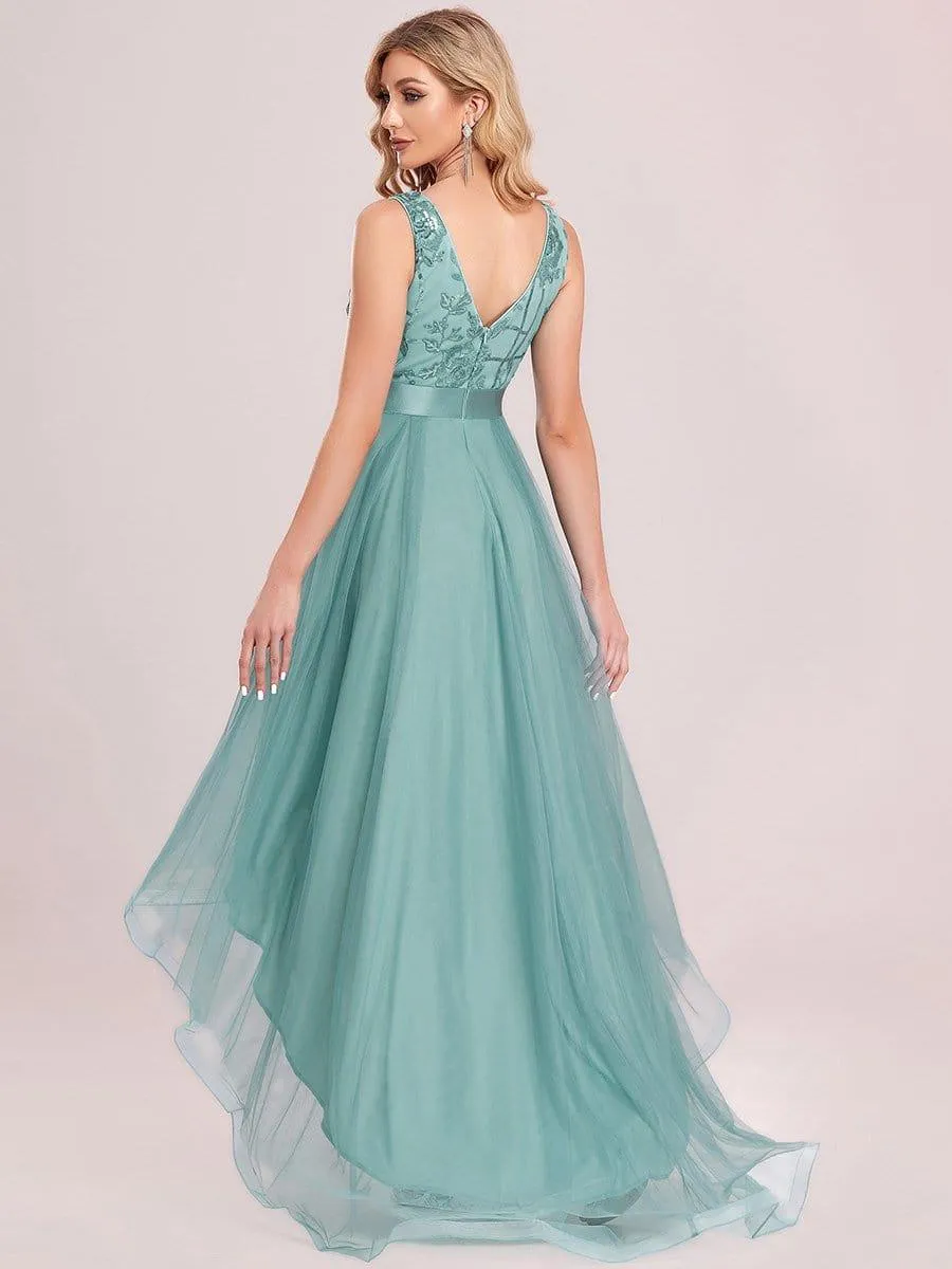 Fashion High-Low Deep V Neck Tulle Evening Dresses with Sequin Appliques