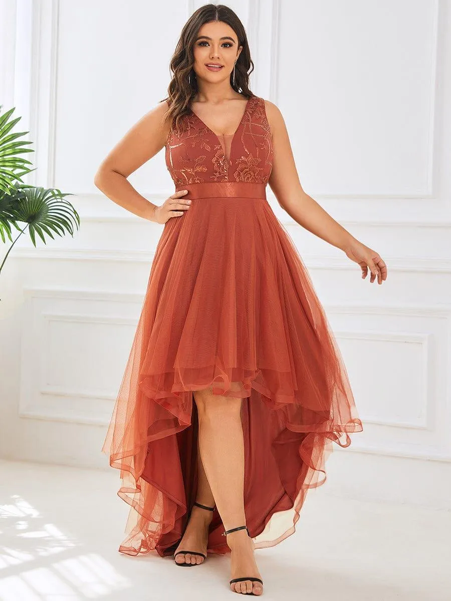 Fashion High-Low Deep V Neck Tulle Evening Dresses with Sequin Appliques