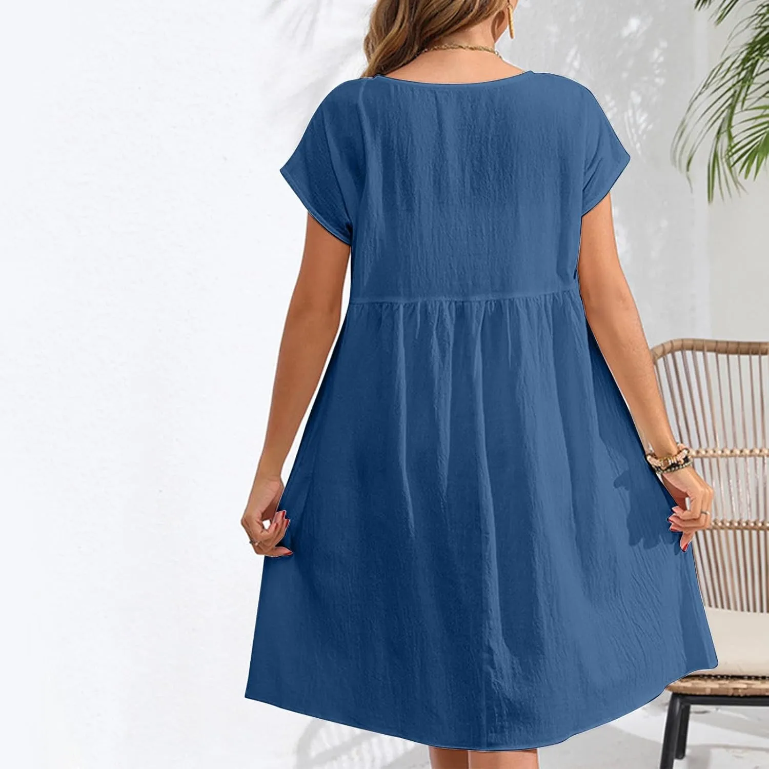 Finelylove Summer Dresses for Women 2025 Flowy Ruffled A Line Dress Short Sleeve Cotton Linen Dress Mini Beach Sundress