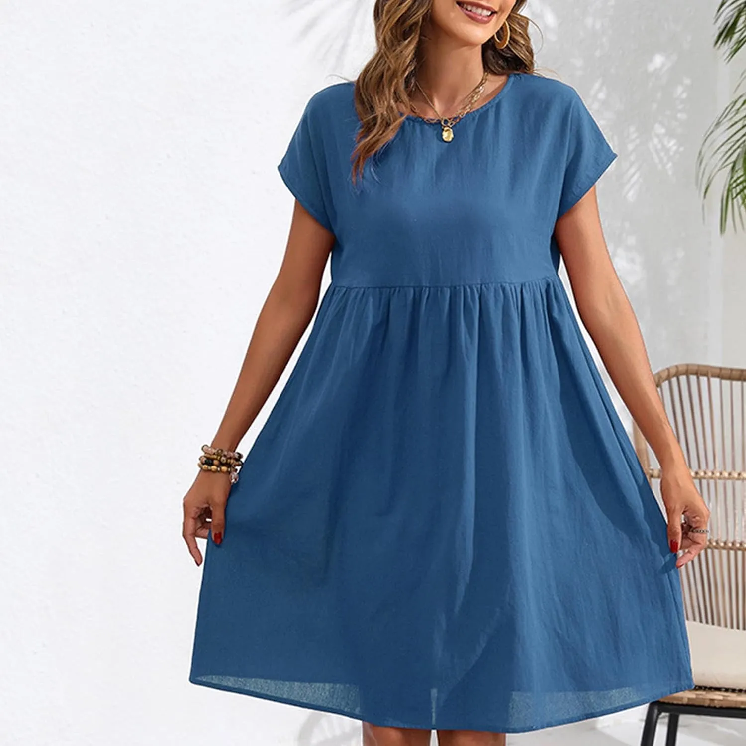 Finelylove Summer Dresses for Women 2025 Flowy Ruffled A Line Dress Short Sleeve Cotton Linen Dress Mini Beach Sundress