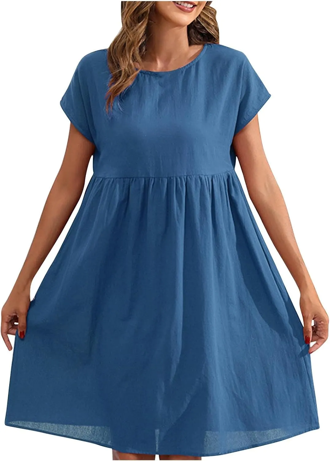 Finelylove Summer Dresses for Women 2025 Flowy Ruffled A Line Dress Short Sleeve Cotton Linen Dress Mini Beach Sundress