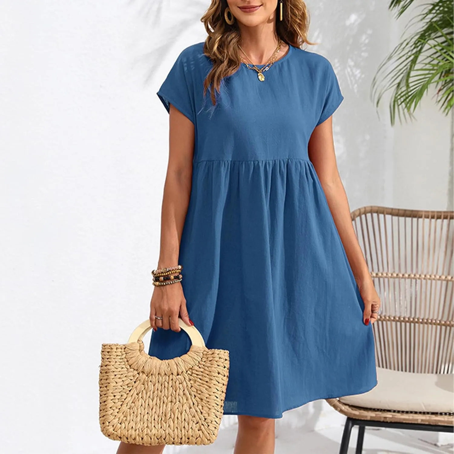 Finelylove Summer Dresses for Women 2025 Flowy Ruffled A Line Dress Short Sleeve Cotton Linen Dress Mini Beach Sundress