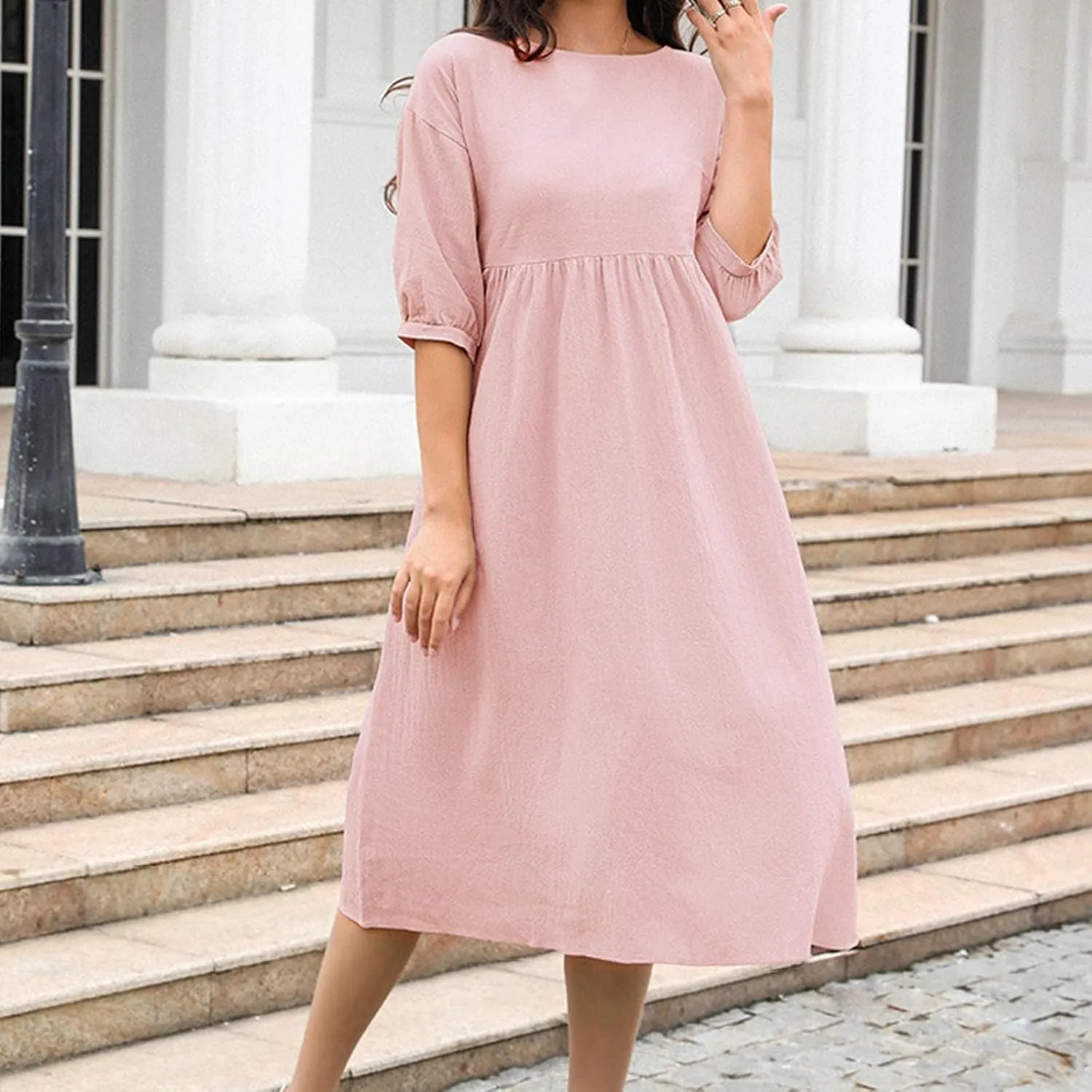 Finelylove Womens Casual Midi Dress Cotton Linen A Line Summer Dress Half Sleeve Flowy Sundress Casual Vacation Beach Dress