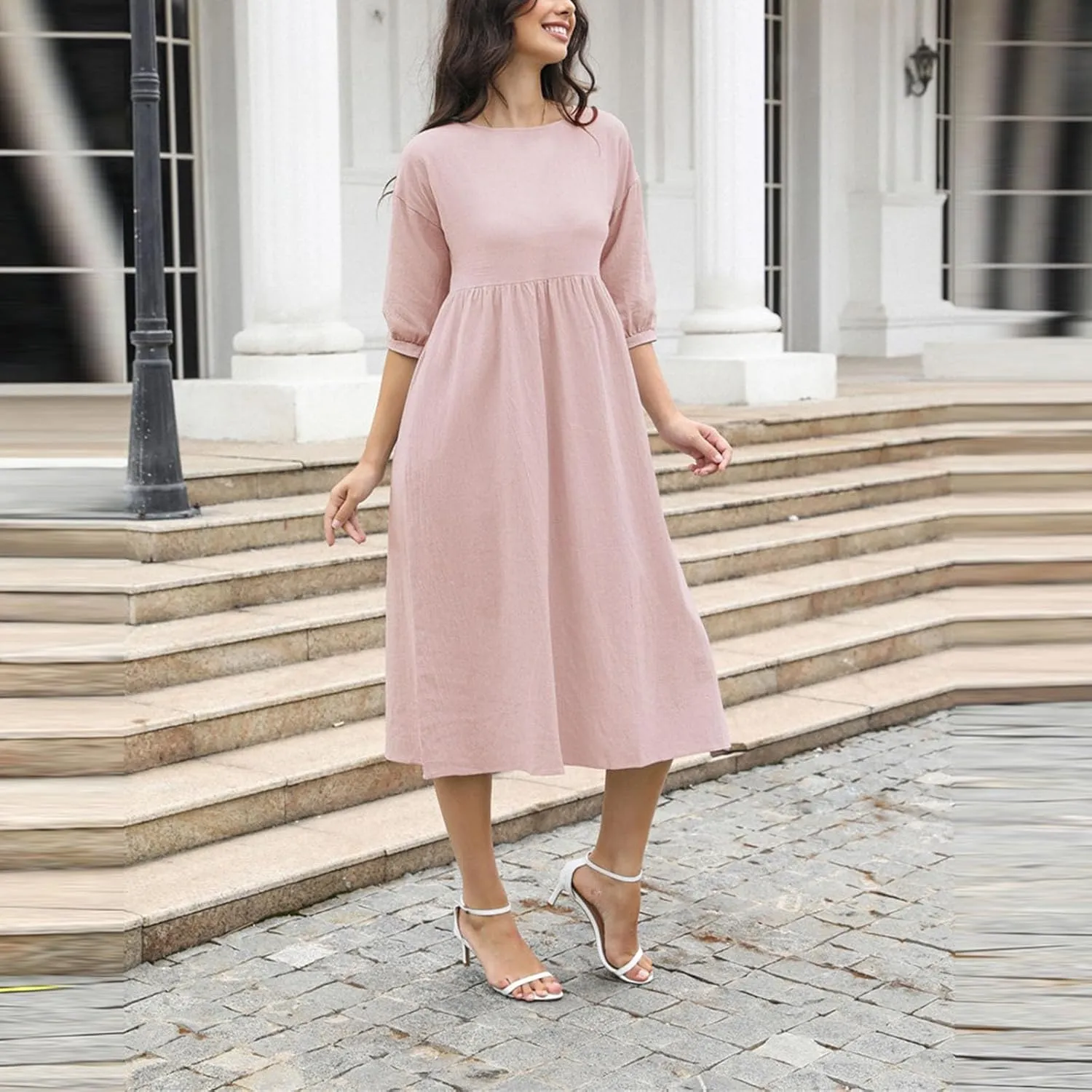 Finelylove Womens Casual Midi Dress Cotton Linen A Line Summer Dress Half Sleeve Flowy Sundress Casual Vacation Beach Dress