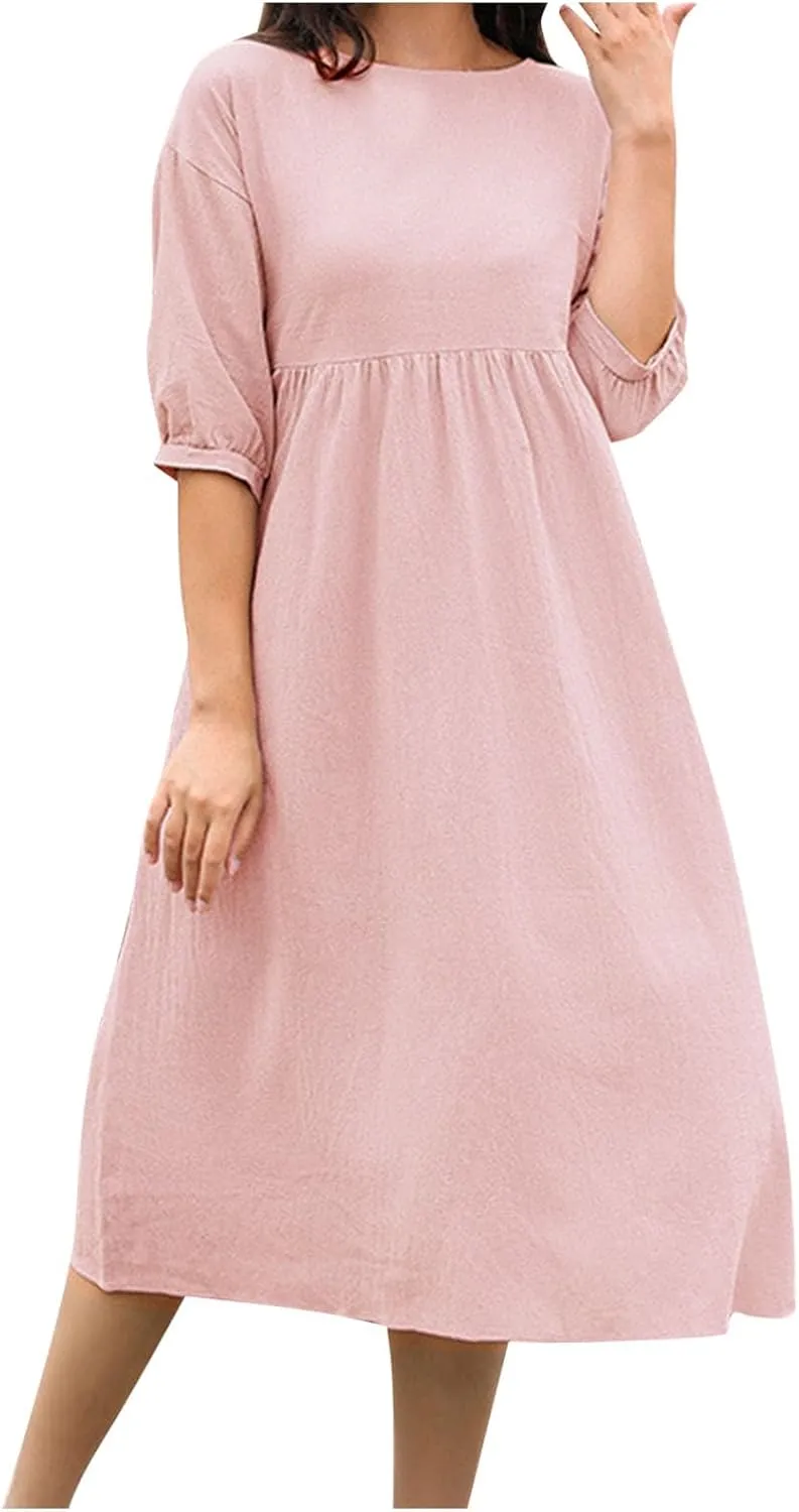 Finelylove Womens Casual Midi Dress Cotton Linen A Line Summer Dress Half Sleeve Flowy Sundress Casual Vacation Beach Dress