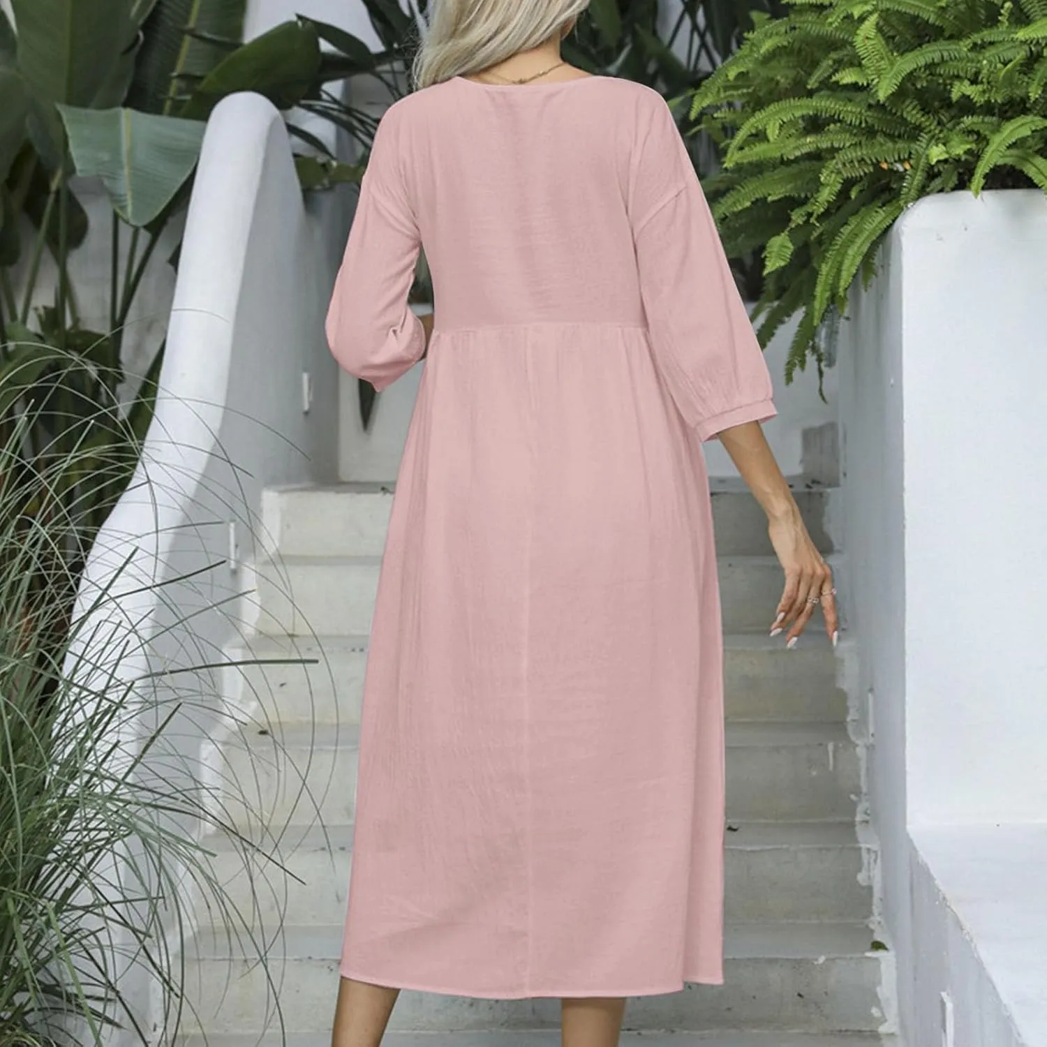 Finelylove Womens Casual Midi Dress Cotton Linen A Line Summer Dress Half Sleeve Flowy Sundress Casual Vacation Beach Dress