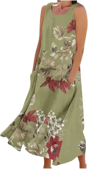 Finelylove Womens Summer Casual Maxi Dress 2025 Sleeveless Tank Dress Boho Floral Linen Summer Dress Beach Long Sundress