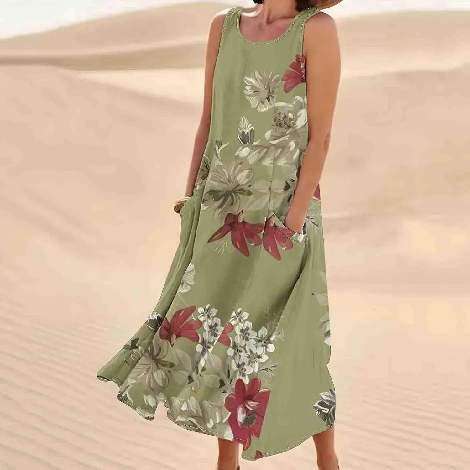Finelylove Womens Summer Casual Maxi Dress 2025 Sleeveless Tank Dress Boho Floral Linen Summer Dress Beach Long Sundress