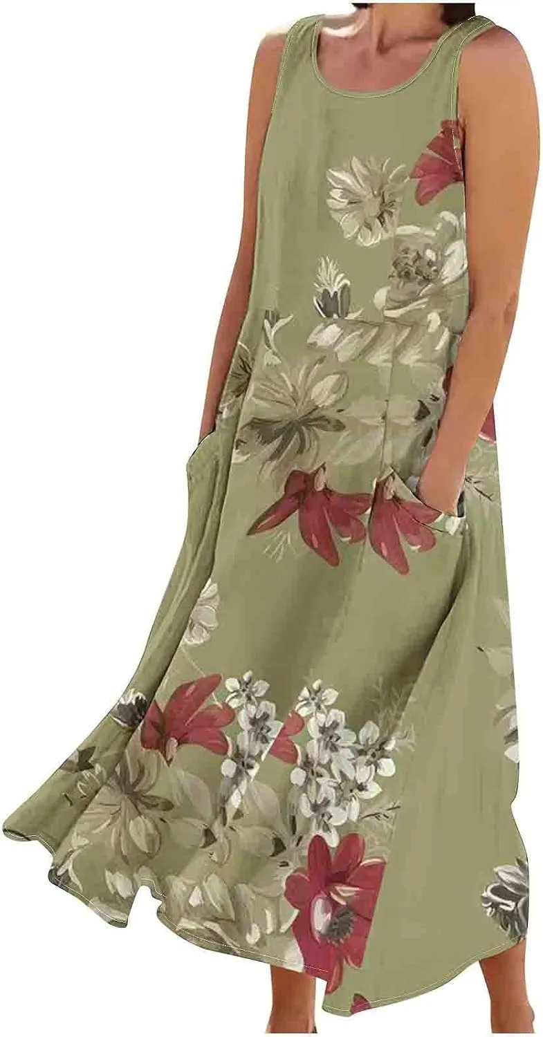 Finelylove Womens Summer Casual Maxi Dress 2025 Sleeveless Tank Dress Boho Floral Linen Summer Dress Beach Long Sundress