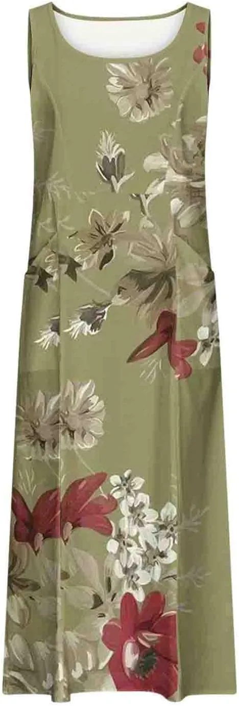 Finelylove Womens Summer Casual Maxi Dress 2025 Sleeveless Tank Dress Boho Floral Linen Summer Dress Beach Long Sundress