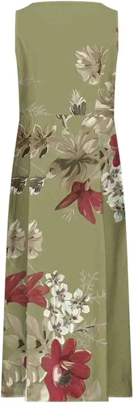 Finelylove Womens Summer Casual Maxi Dress 2025 Sleeveless Tank Dress Boho Floral Linen Summer Dress Beach Long Sundress