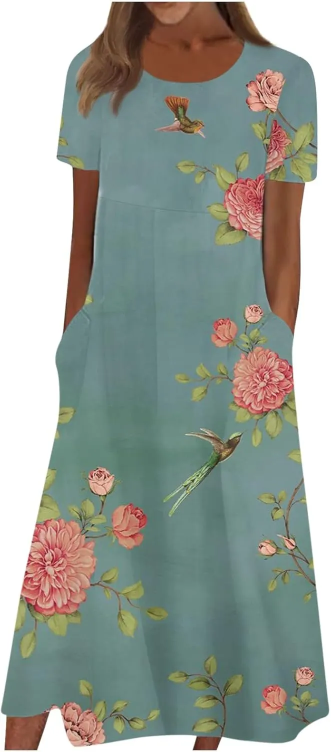 FlekmanArt Dresses for Women 2024 Pleated Round Neck Beach Dress Short Sleeve Pocket Maxi Dress Printed Elegant Dress