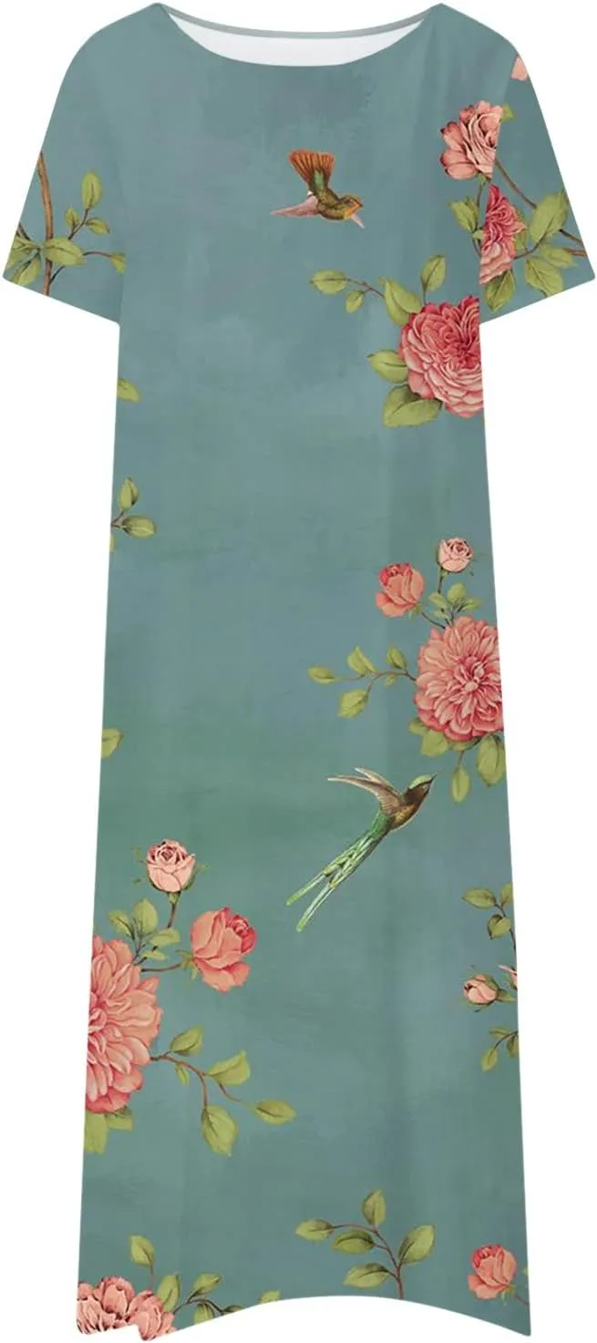 FlekmanArt Dresses for Women 2024 Pleated Round Neck Beach Dress Short Sleeve Pocket Maxi Dress Printed Elegant Dress
