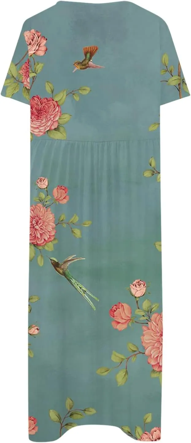 FlekmanArt Dresses for Women 2024 Pleated Round Neck Beach Dress Short Sleeve Pocket Maxi Dress Printed Elegant Dress