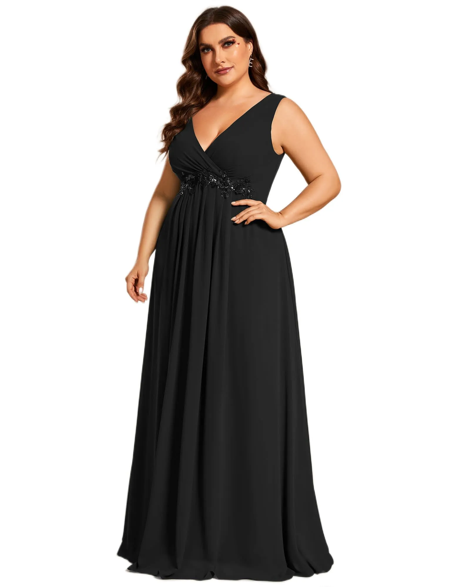 Floral Applique Sleeveless Chiffon Long Formal Evening Dress | Black