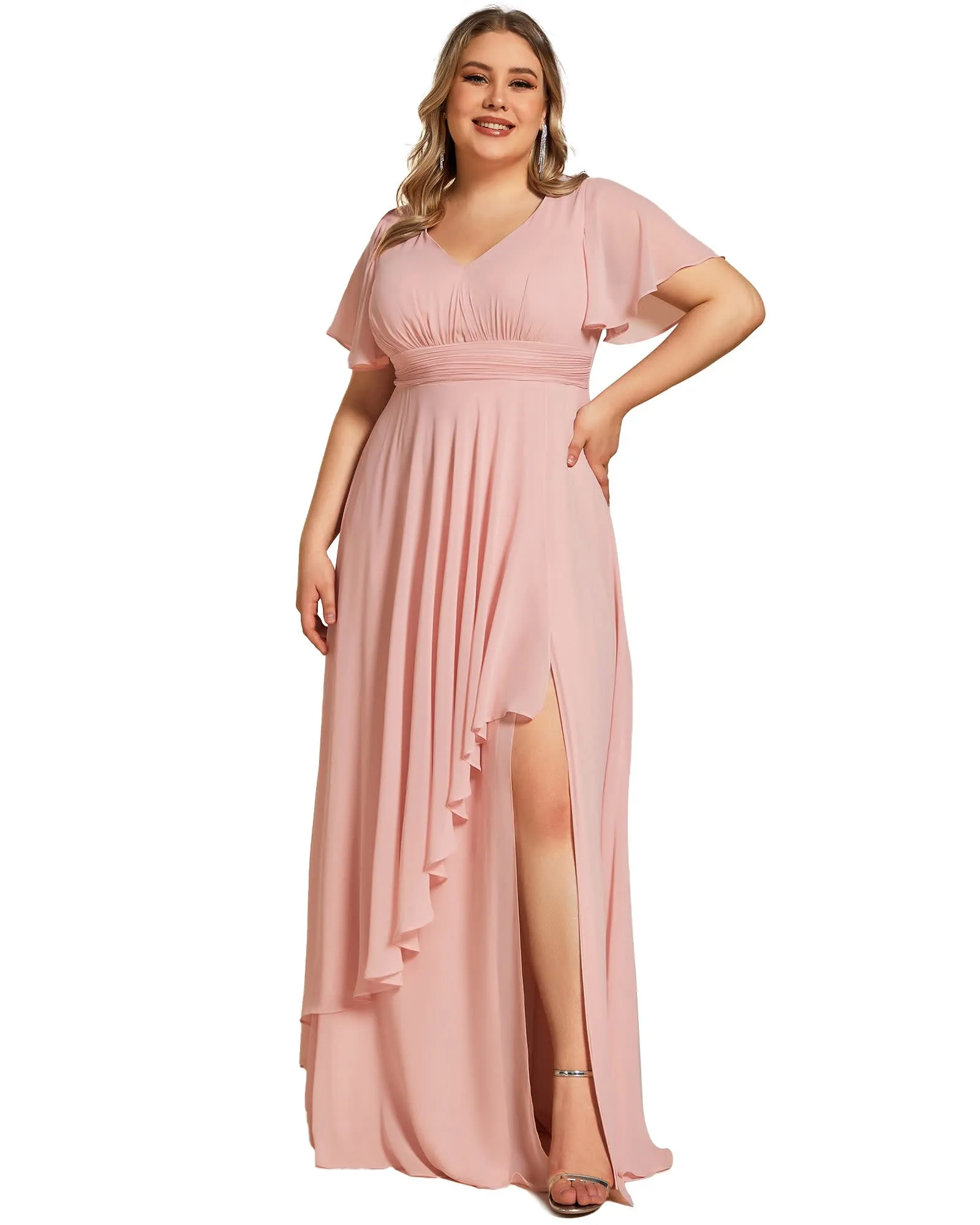 Floral Applique Sleeveless Chiffon Long Formal Evening Dress | Pink