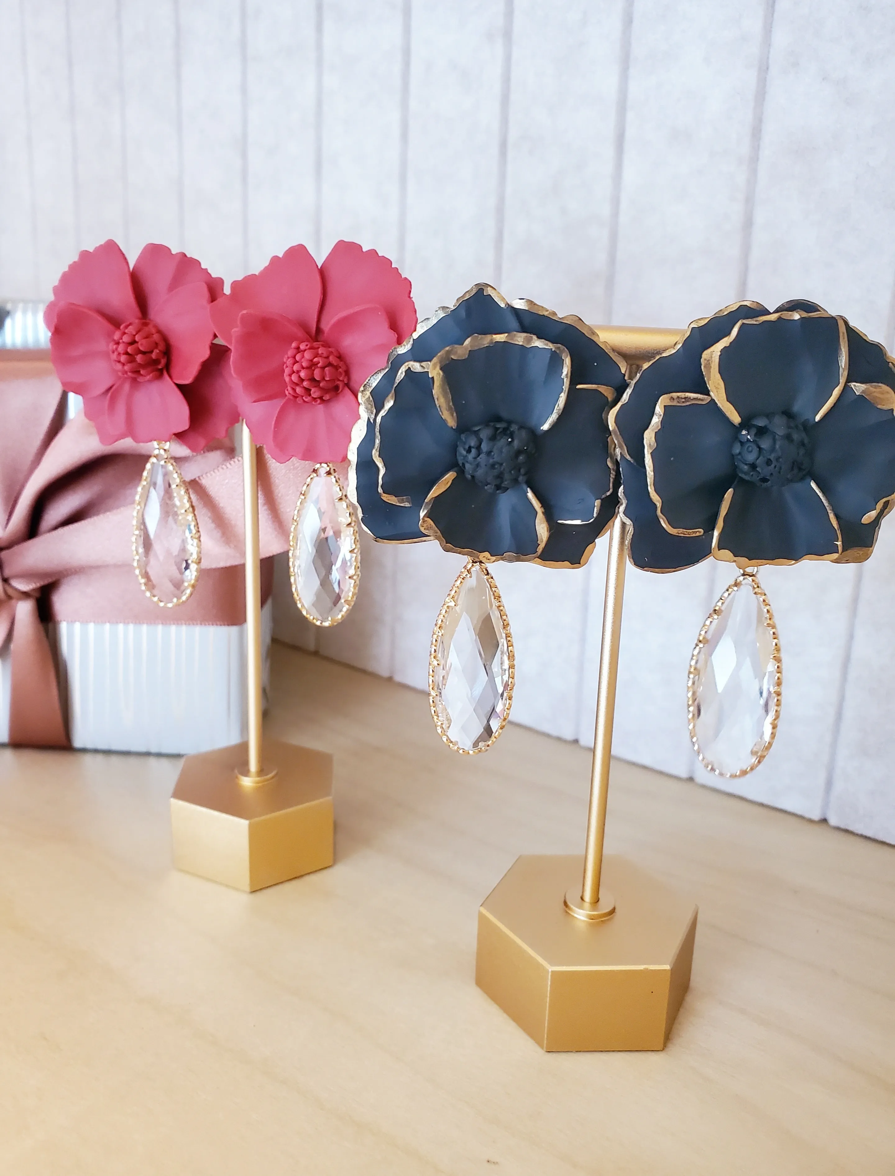 Floral Chandelier Statement Earrings - Red/Black