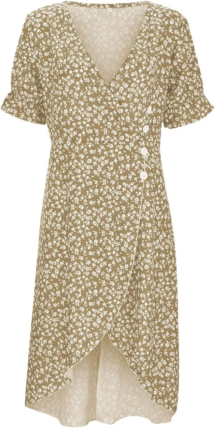 Floral Dress for Women 2025 Summer Boho Puff Short Sleeve V Neck Knee Length Wrap Dress Cute Petite Cruise Outfits