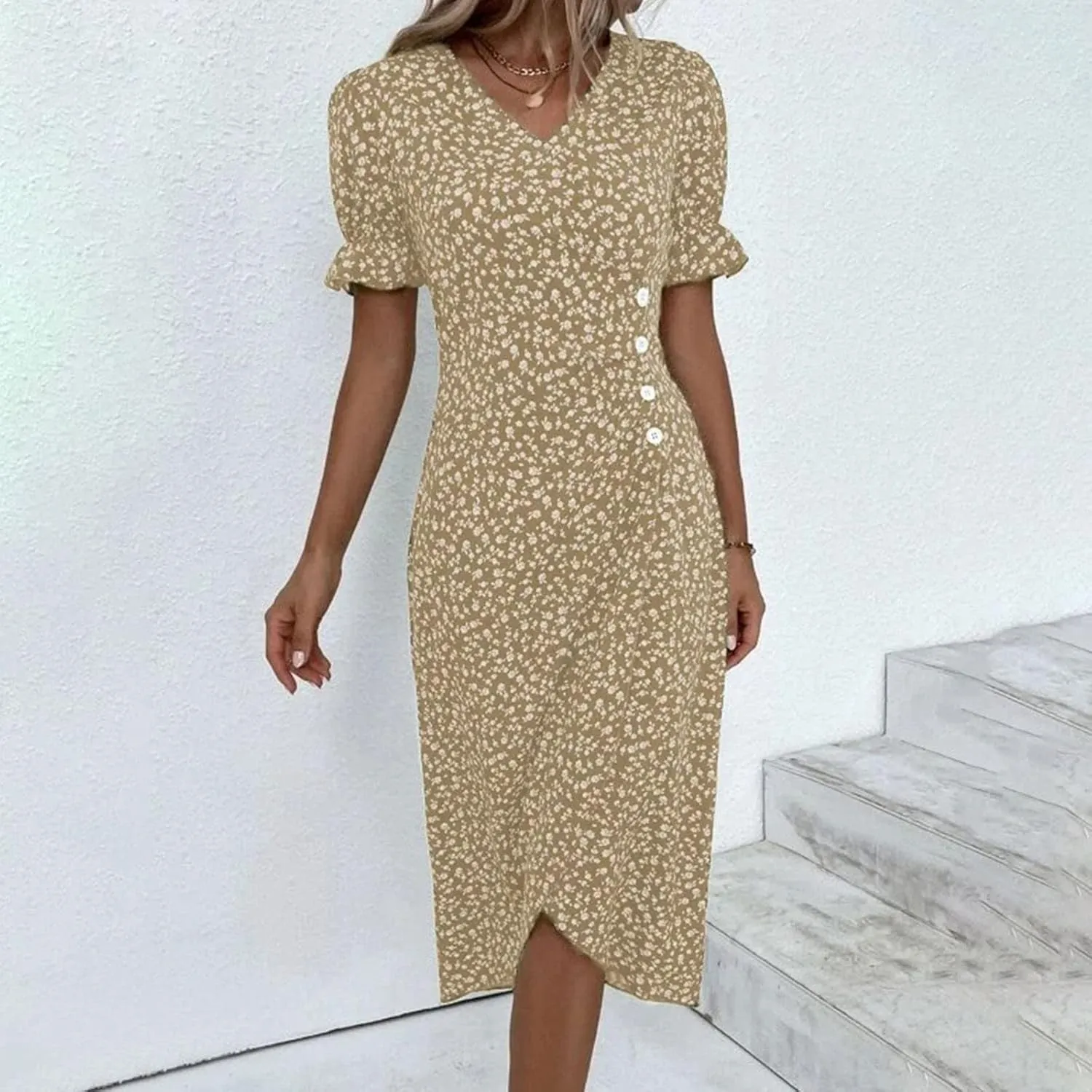 Floral Dress for Women 2025 Summer Boho Puff Short Sleeve V Neck Knee Length Wrap Dress Cute Petite Cruise Outfits