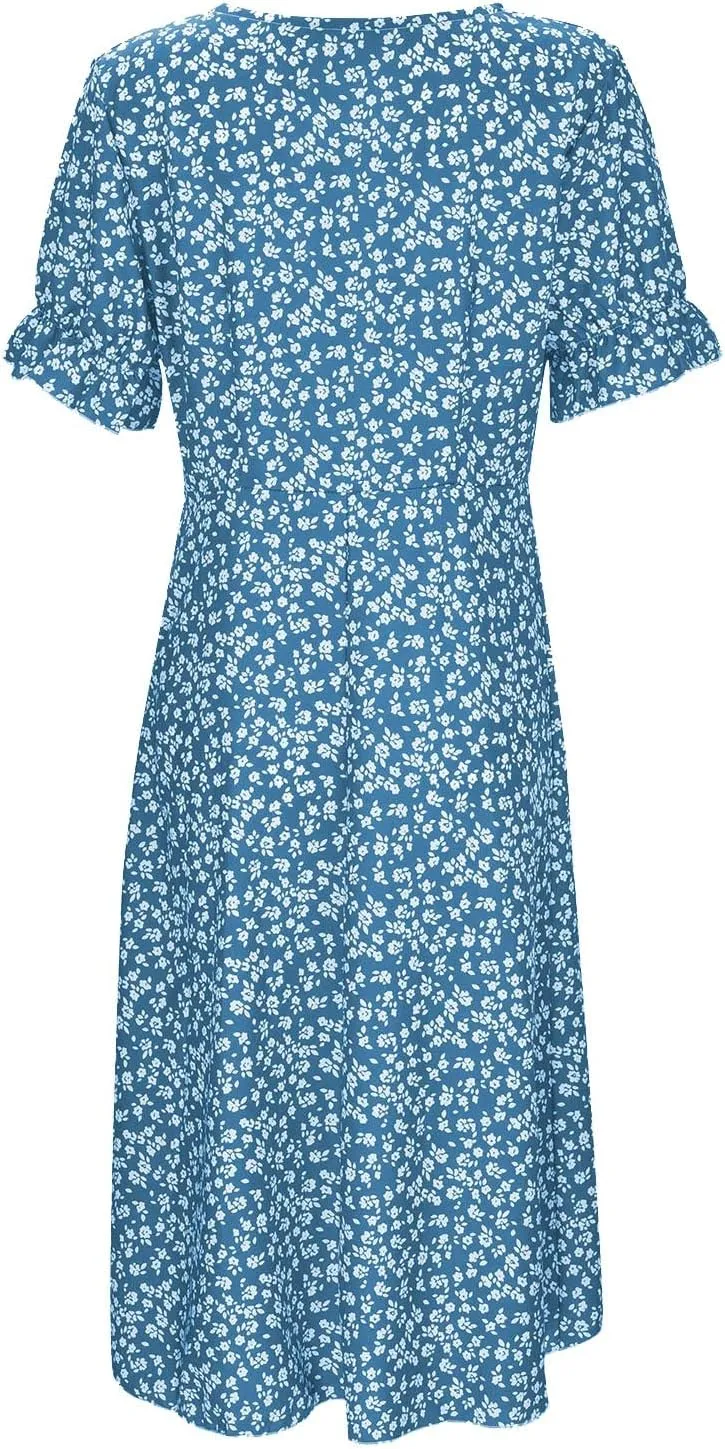 Floral Dress for Women 2025 Summer Boho Puff Short Sleeve V Neck Knee Length Wrap Dress Cute Petite Cruise Outfits