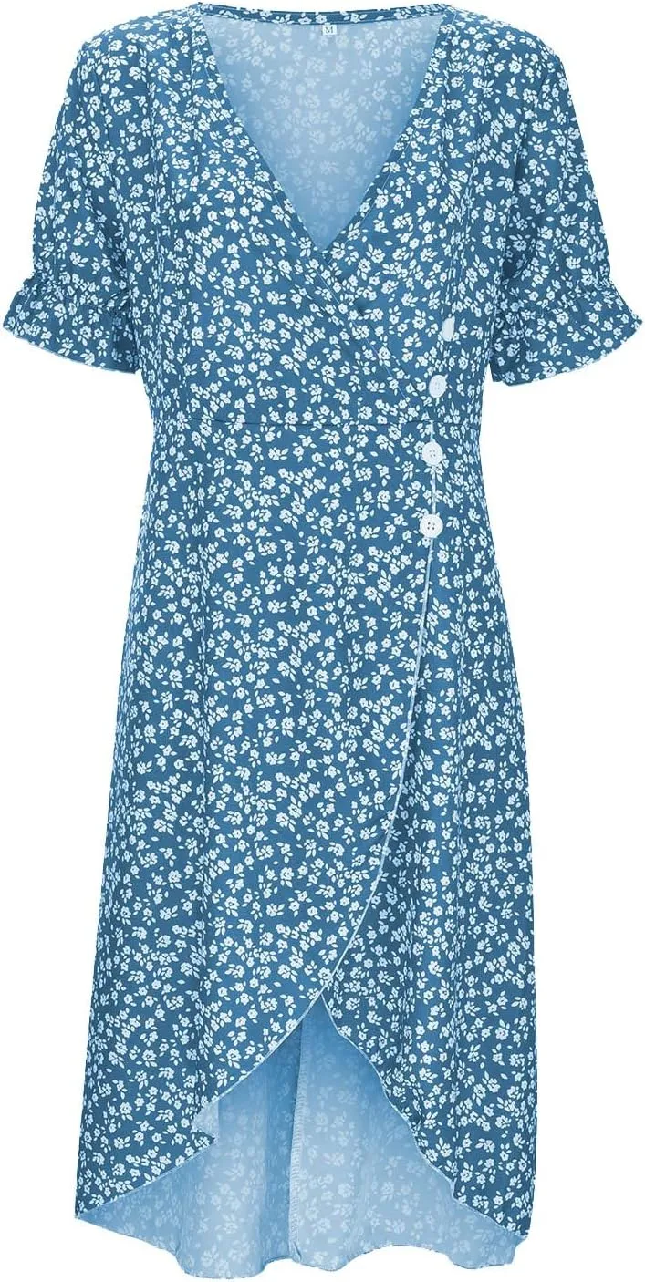 Floral Dress for Women 2025 Summer Boho Puff Short Sleeve V Neck Knee Length Wrap Dress Cute Petite Cruise Outfits