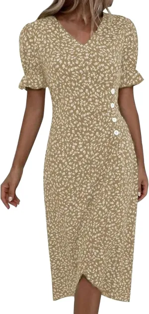 Floral Dress for Women 2025 Summer Boho Puff Short Sleeve V Neck Knee Length Wrap Dress Cute Petite Cruise Outfits