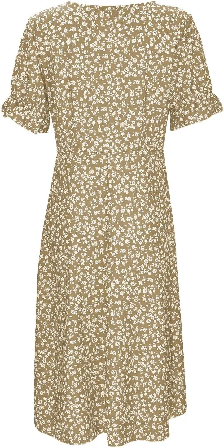 Floral Dress for Women 2025 Summer Boho Puff Short Sleeve V Neck Knee Length Wrap Dress Cute Petite Cruise Outfits