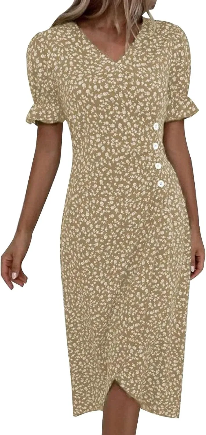 Floral Dress for Women 2025 Summer Boho Puff Short Sleeve V Neck Knee Length Wrap Dress Cute Petite Cruise Outfits