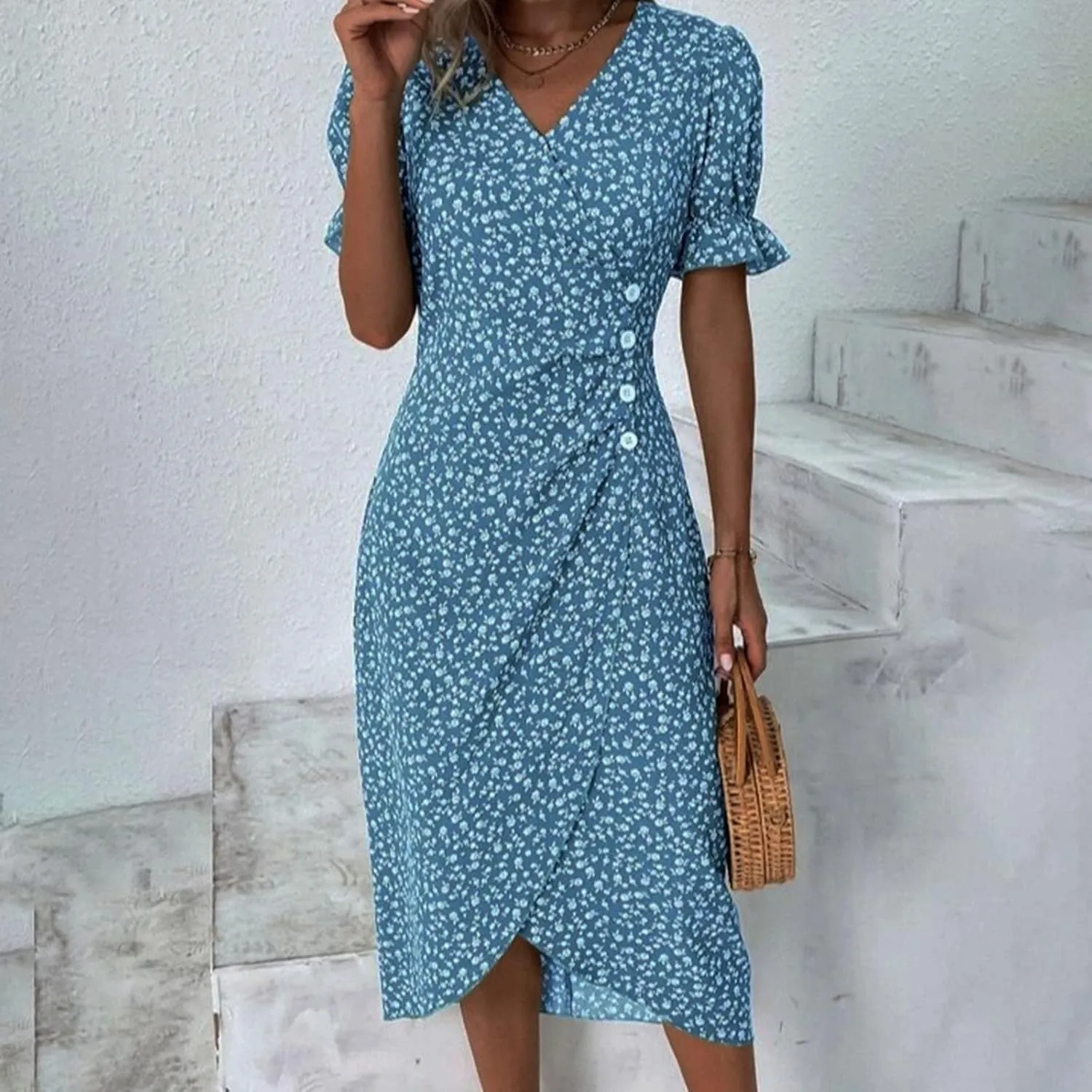 Floral Dress for Women 2025 Summer Boho Puff Short Sleeve V Neck Knee Length Wrap Dress Cute Petite Cruise Outfits