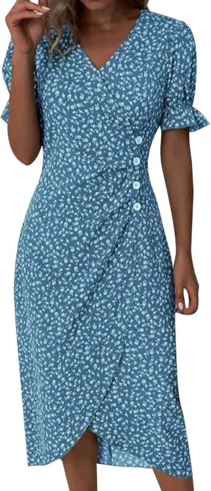 Floral Dress for Women 2025 Summer Boho Puff Short Sleeve V Neck Knee Length Wrap Dress Cute Petite Cruise Outfits