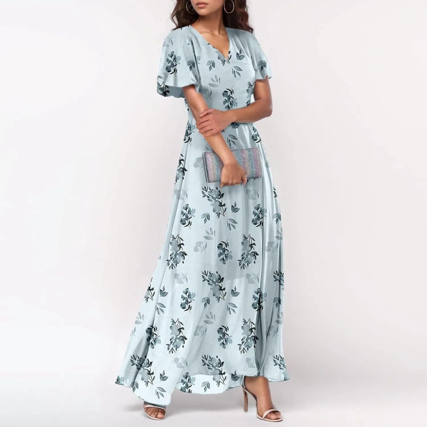 Floral Maxi Dresses for Women 2025 Summer Modest Flutter Sleeve Long Flowy Dresses V Neck Chiffon Garden Party Dress