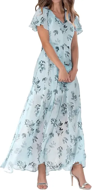 Floral Maxi Dresses for Women 2025 Summer Modest Flutter Sleeve Long Flowy Dresses V Neck Chiffon Garden Party Dress