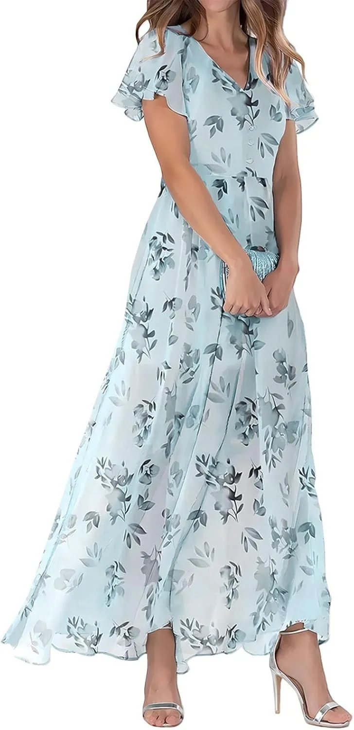 Floral Maxi Dresses for Women 2025 Summer Modest Flutter Sleeve Long Flowy Dresses V Neck Chiffon Garden Party Dress
