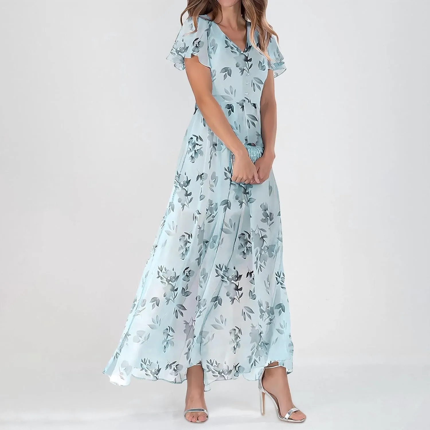 Floral Maxi Dresses for Women 2025 Summer Modest Flutter Sleeve Long Flowy Dresses V Neck Chiffon Garden Party Dress