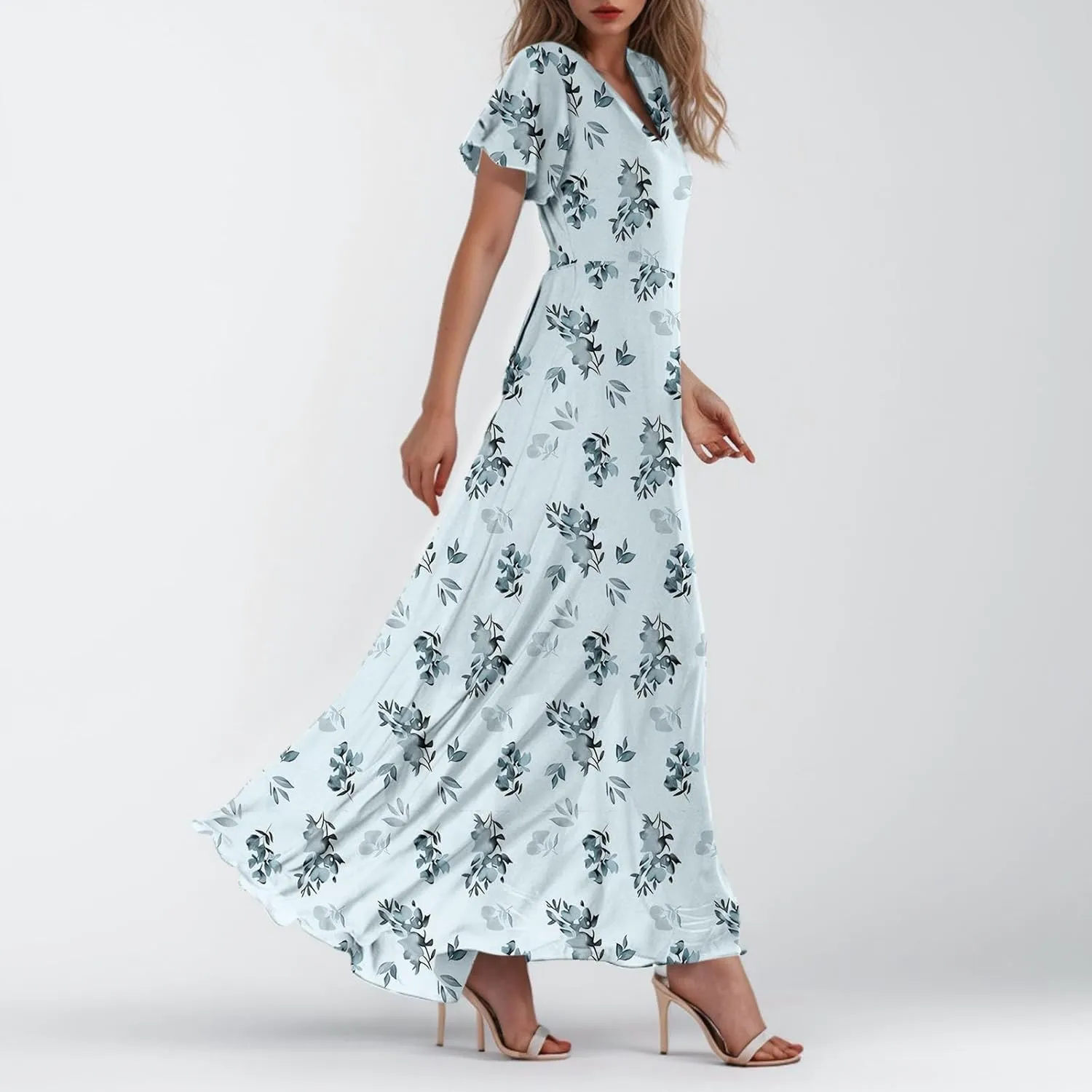 Floral Maxi Dresses for Women 2025 Summer Modest Flutter Sleeve Long Flowy Dresses V Neck Chiffon Garden Party Dress