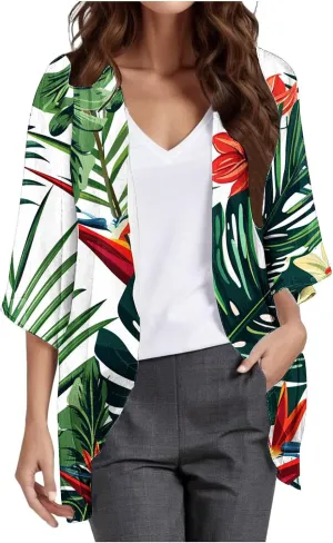 Floral Print Puff Sleeve Kimono For Women Cardigans 3/4 Sleeve Chiffon Coverup 2025 Loose Open Front Cover Beach Tops