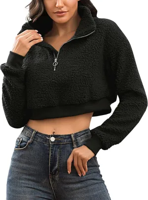 Flygo Women's 1/2 Zip Sherpa Pullover Fuzzy Fleece Cropped Sweatshirt