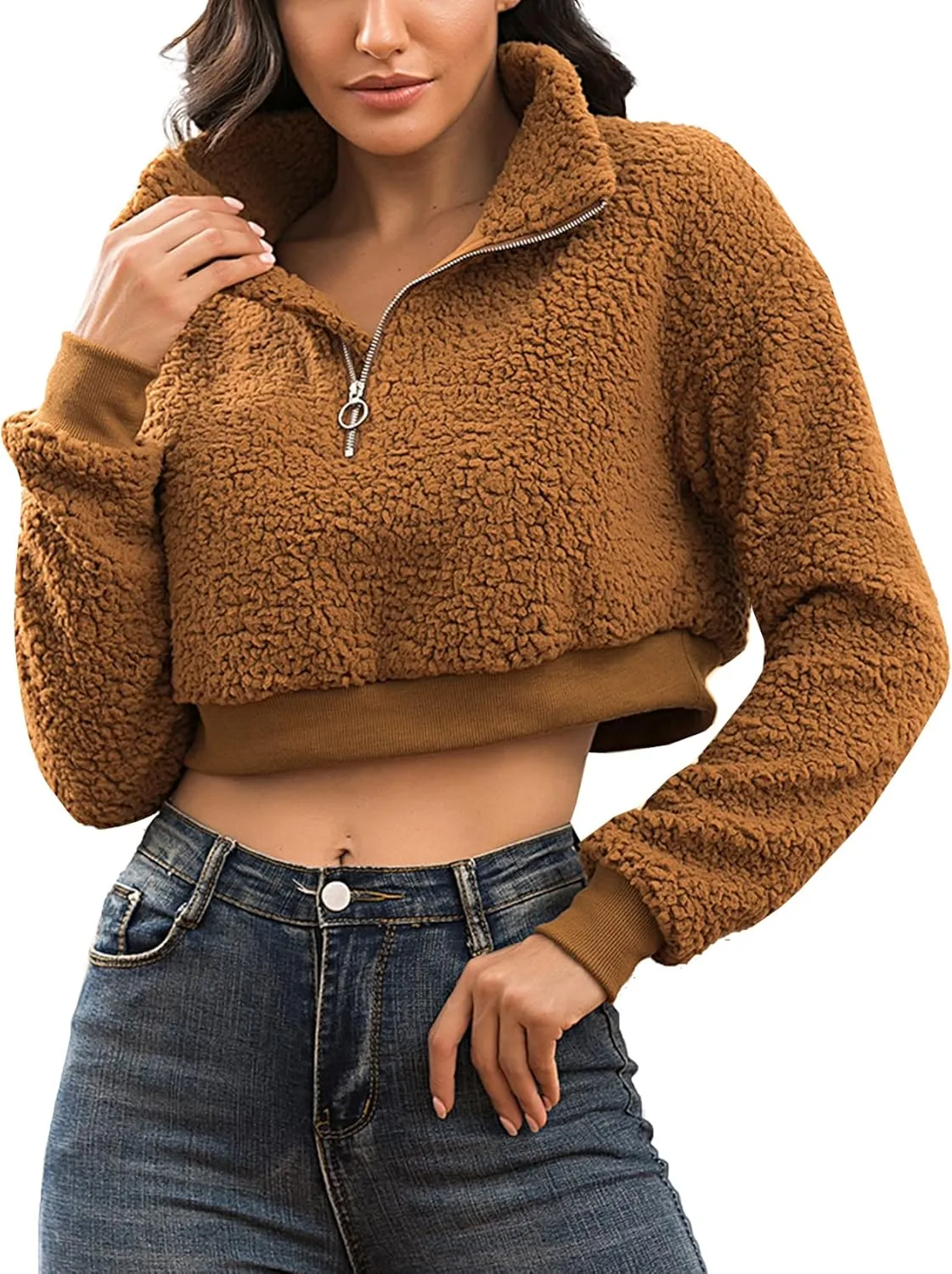 Flygo Women's 1/2 Zip Sherpa Pullover Fuzzy Fleece Cropped Sweatshirt