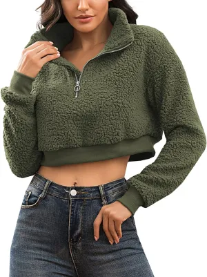 Flygo Women's 1/2 Zip Sherpa Pullover Fuzzy Fleece Cropped Sweatshirt